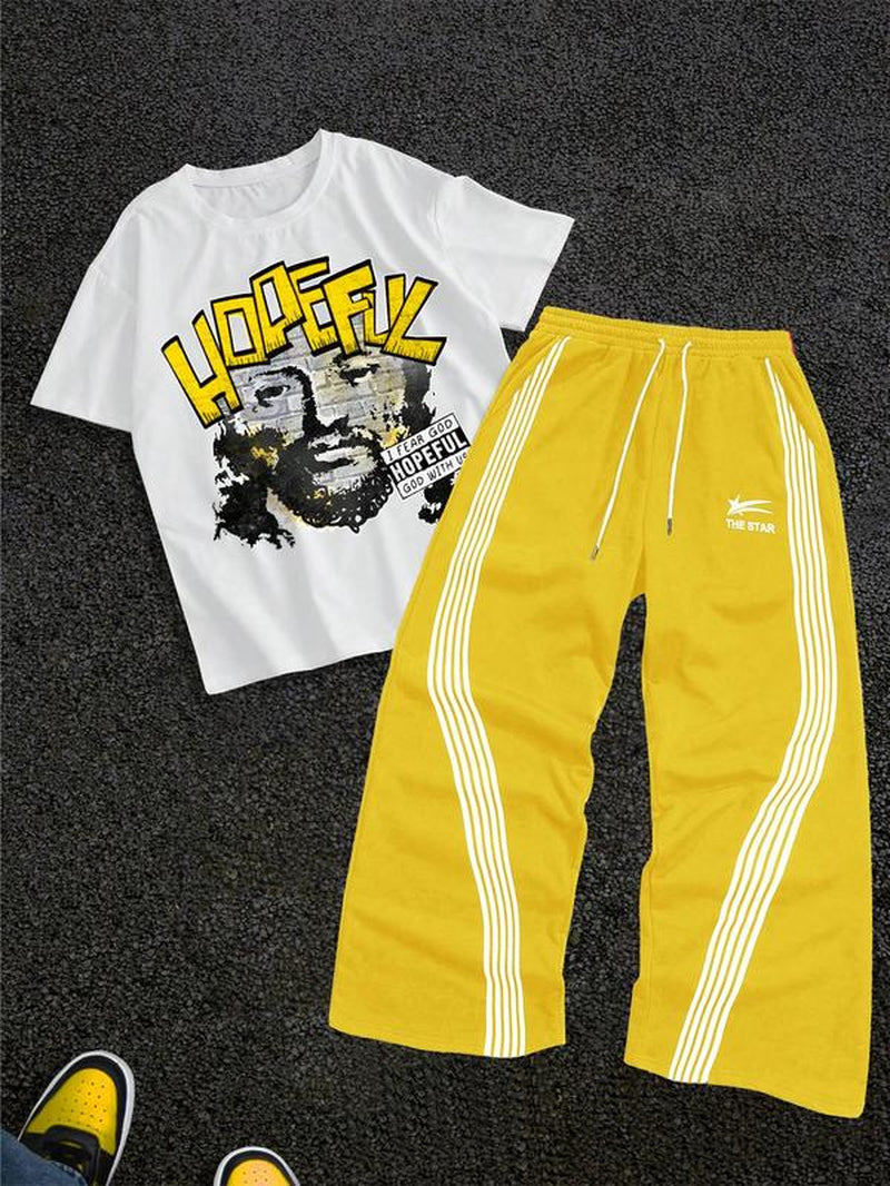 Stylish Men's Graphic Tee & Side Stripe Drawstring Pants Set - Perfect for Casual Spring & Fall Wear