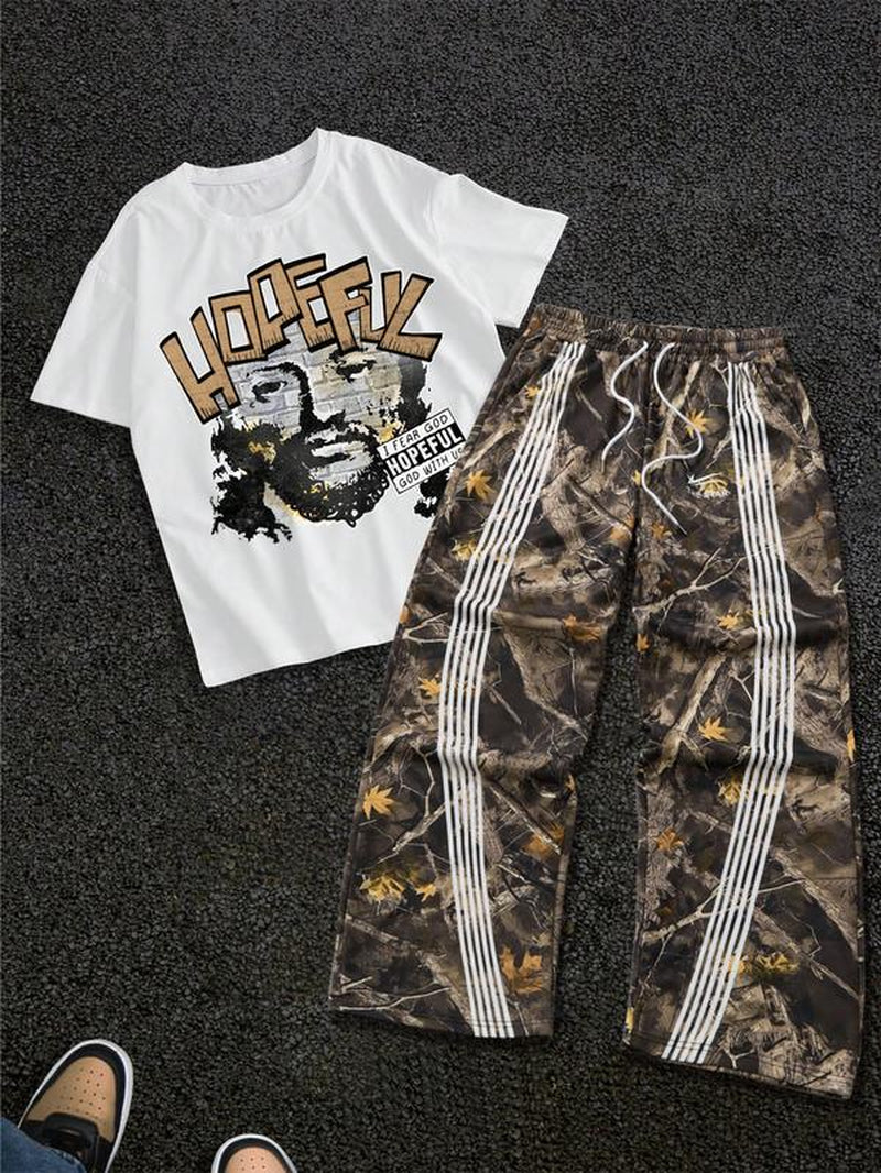 Stylish Men's Graphic Tee & Side Stripe Drawstring Pants Set - Perfect for Casual Spring & Fall Wear