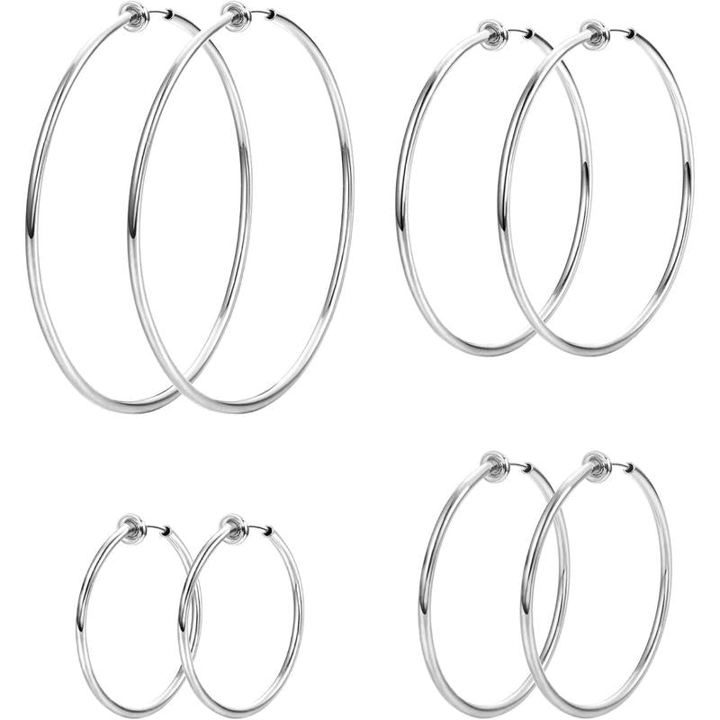 LOYALLOOK 4 Pairs Stainless Steel Clip on Hoop Earrings for Women Fake Hoop Earrings Spring Hoop Earrings for Non-Pierced Ears