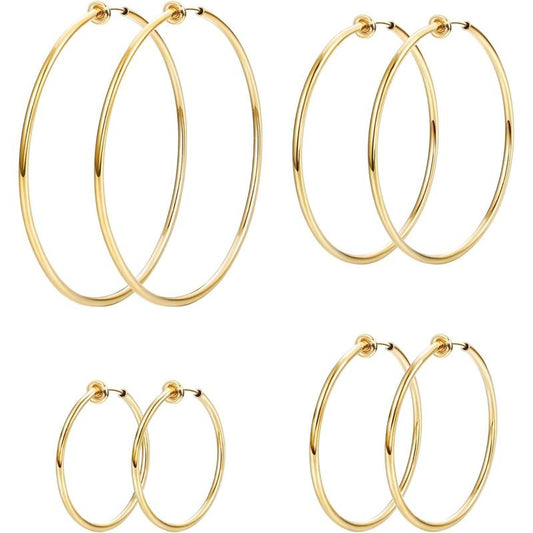LOYALLOOK 4 Pairs Stainless Steel Clip on Hoop Earrings for Women Fake Hoop Earrings Spring Hoop Earrings for Non-Pierced Ears