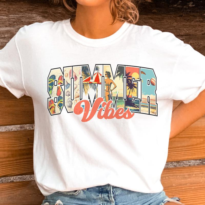 Retro Summer Vibes Graphic Tee Beach Vibes Summer Vintage Tshirt Casual Summer Women'S Shirt Lightweight Ocean Vacation Top