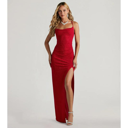 Stunning Amirah Glitter Cowl Neck Column Dress for Elegant Occasions