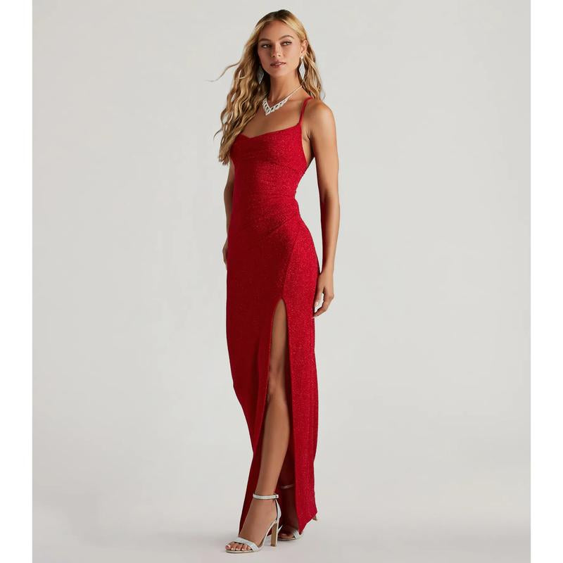 Stunning Amirah Glitter Cowl Neck Column Dress for Elegant Occasions