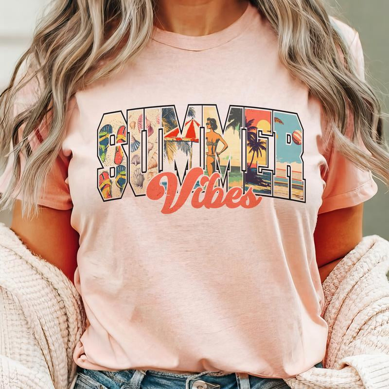 Retro Summer Vibes Graphic Tee Beach Vibes Summer Vintage Tshirt Casual Summer Women'S Shirt Lightweight Ocean Vacation Top