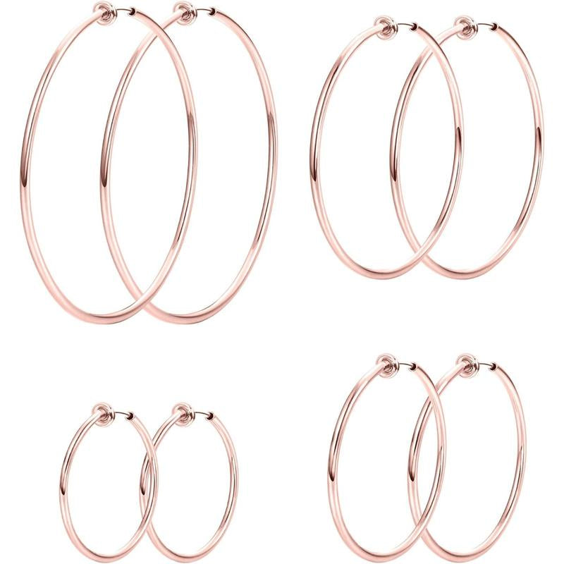 LOYALLOOK 4 Pairs Stainless Steel Clip on Hoop Earrings for Women Fake Hoop Earrings Spring Hoop Earrings for Non-Pierced Ears