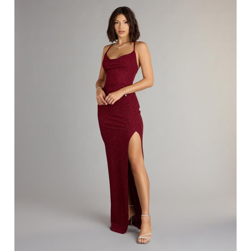 Stunning Amirah Glitter Cowl Neck Column Dress for Elegant Occasions