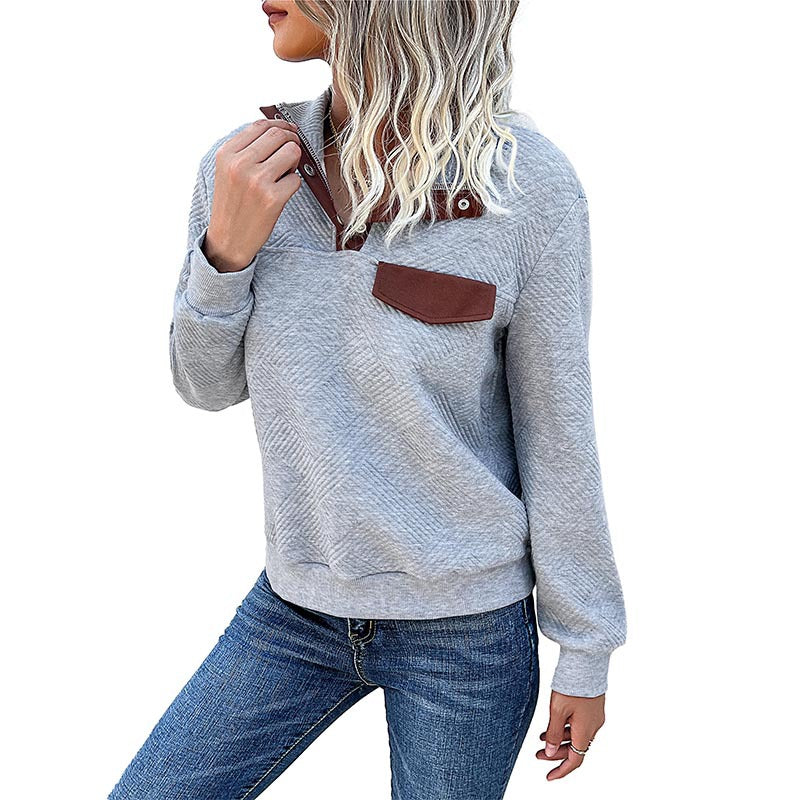 New Autumn And Winter Long-Sleeved Hoodie Women's Retro Stitching Stand Collar Pullover Sweater
