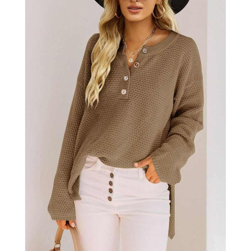 Chic Women's V-Neck Oversized Batwing Sweater - Cozy Button-Up Henley Pullover with Chunky Knit Design