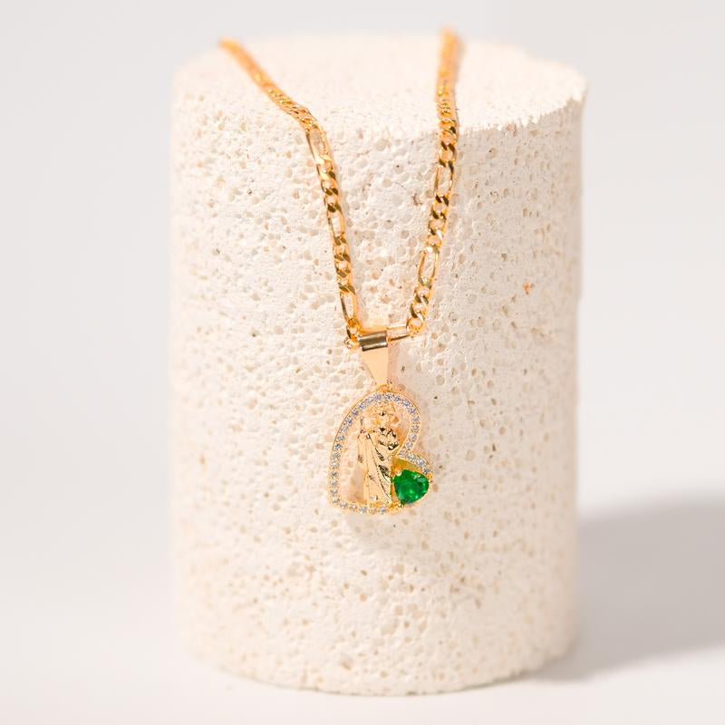 St. Jude 14K Gold Prayer Necklace with Green Zirconia Pendant - Unisex Copper Jewelry for Faith and Career Inspiration