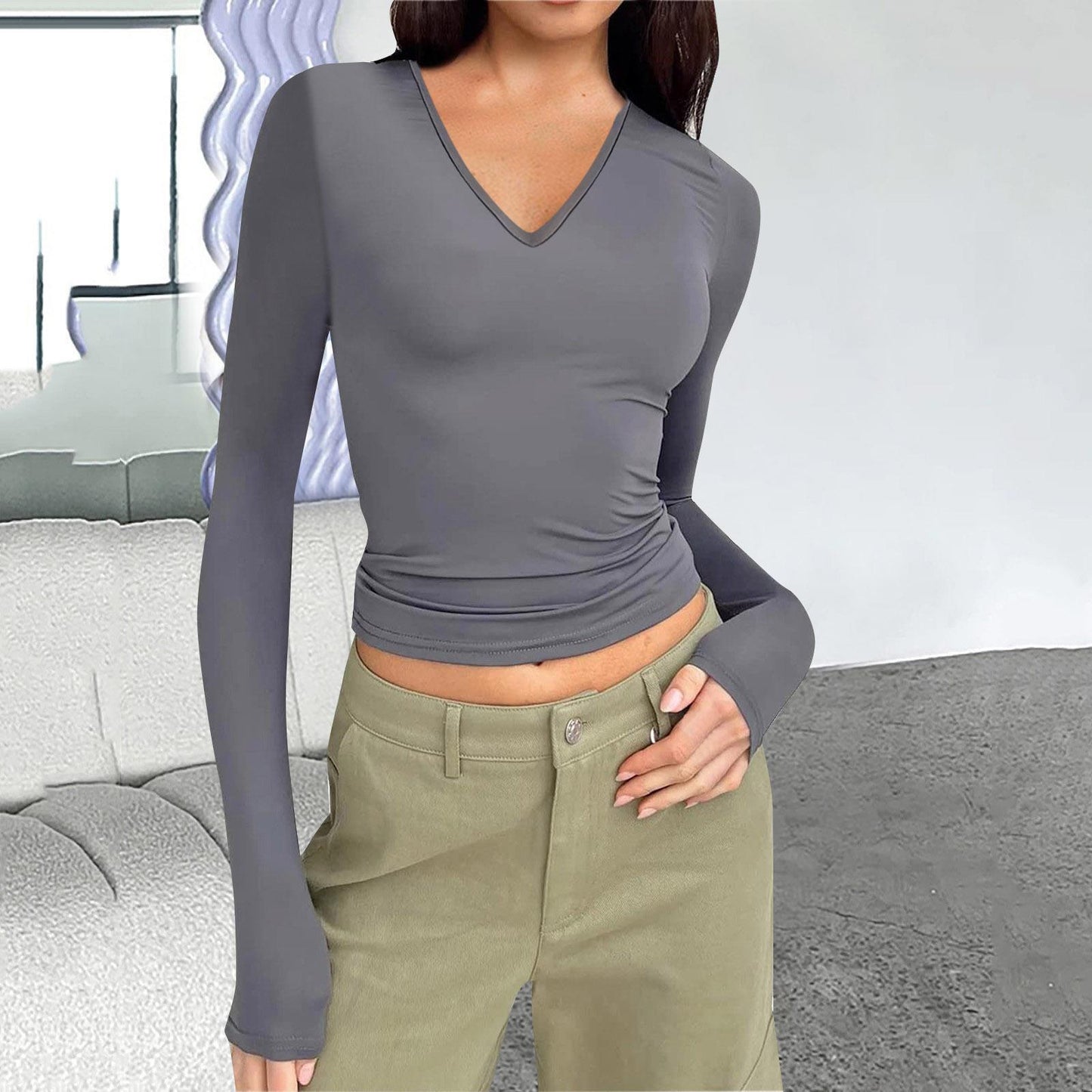 Autumn and winter women's V-neck long-sleeved basic slim fit all-match T-shirt tops for women