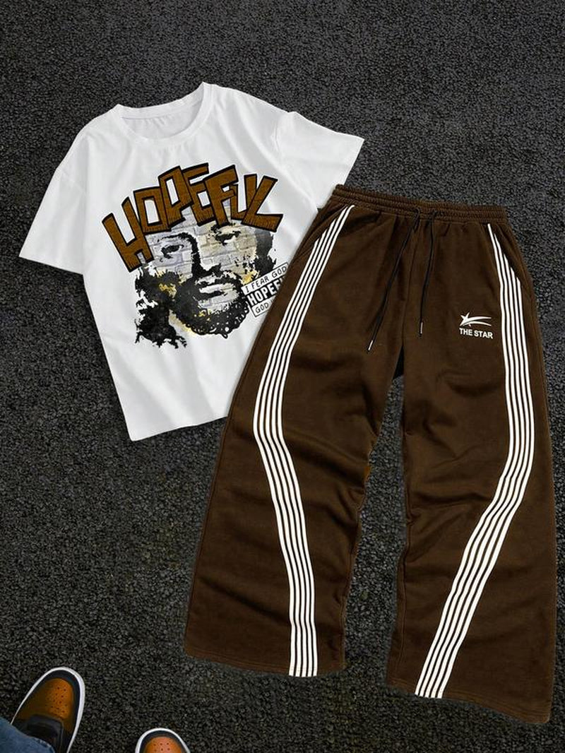 Stylish Men's Graphic Tee & Side Stripe Drawstring Pants Set - Perfect for Casual Spring & Fall Wear