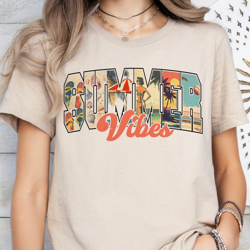 Retro Summer Vibes Graphic Tee Beach Vibes Summer Vintage Tshirt Casual Summer Women'S Shirt Lightweight Ocean Vacation Top