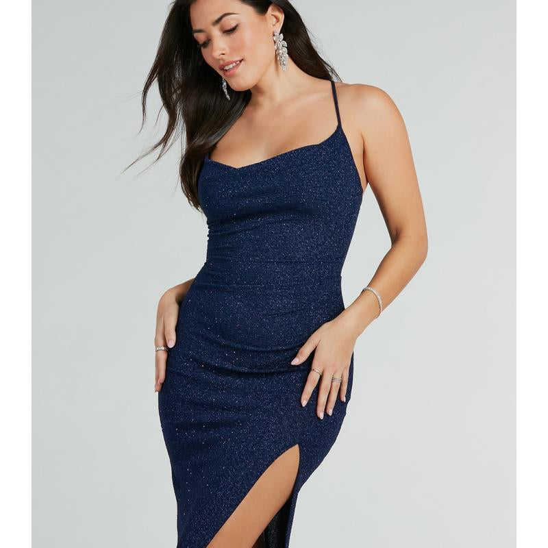 Stunning Amirah Glitter Cowl Neck Column Dress for Elegant Occasions