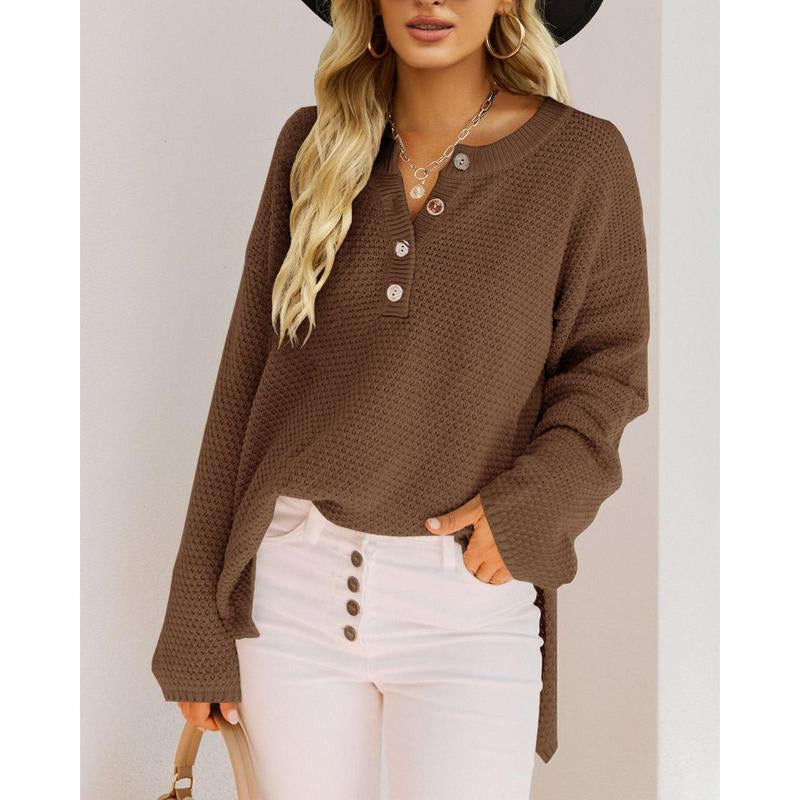Chic Women's V-Neck Oversized Batwing Sweater - Cozy Button-Up Henley Pullover with Chunky Knit Design