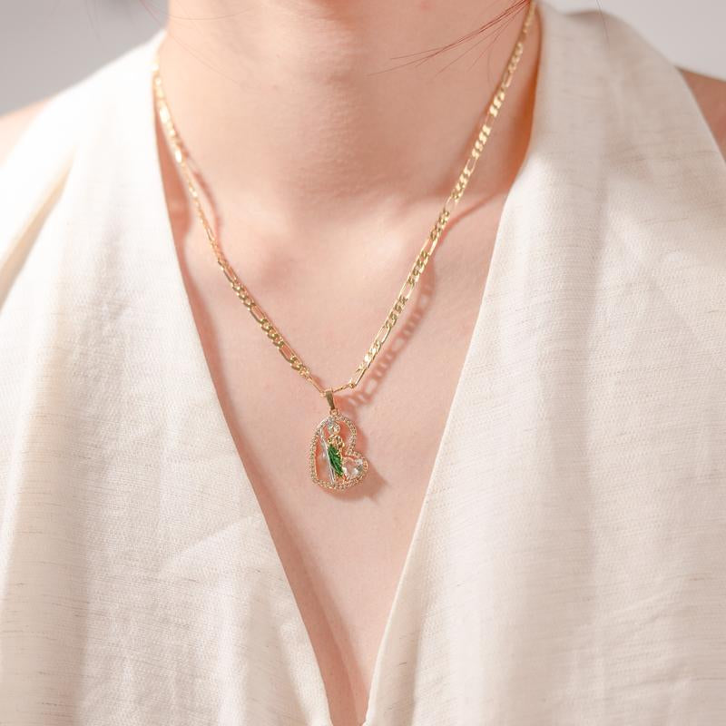 St. Jude 14K Gold Prayer Necklace with Green Zirconia Pendant - Unisex Copper Jewelry for Faith and Career Inspiration