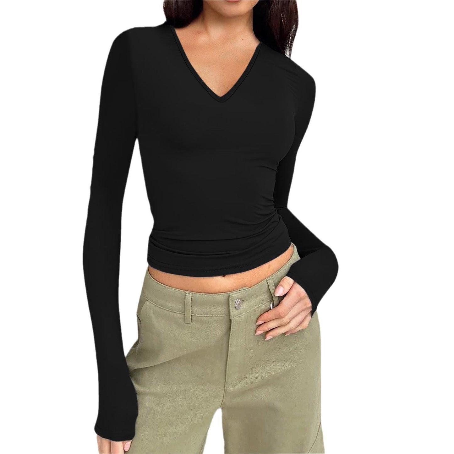 Autumn and winter women's V-neck long-sleeved basic slim fit all-match T-shirt tops for women