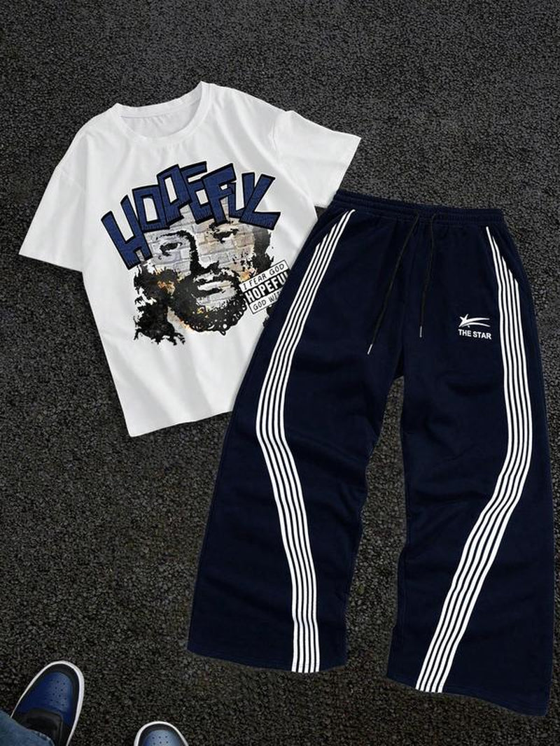 Stylish Men's Graphic Tee & Side Stripe Drawstring Pants Set - Perfect for Casual Spring & Fall Wear