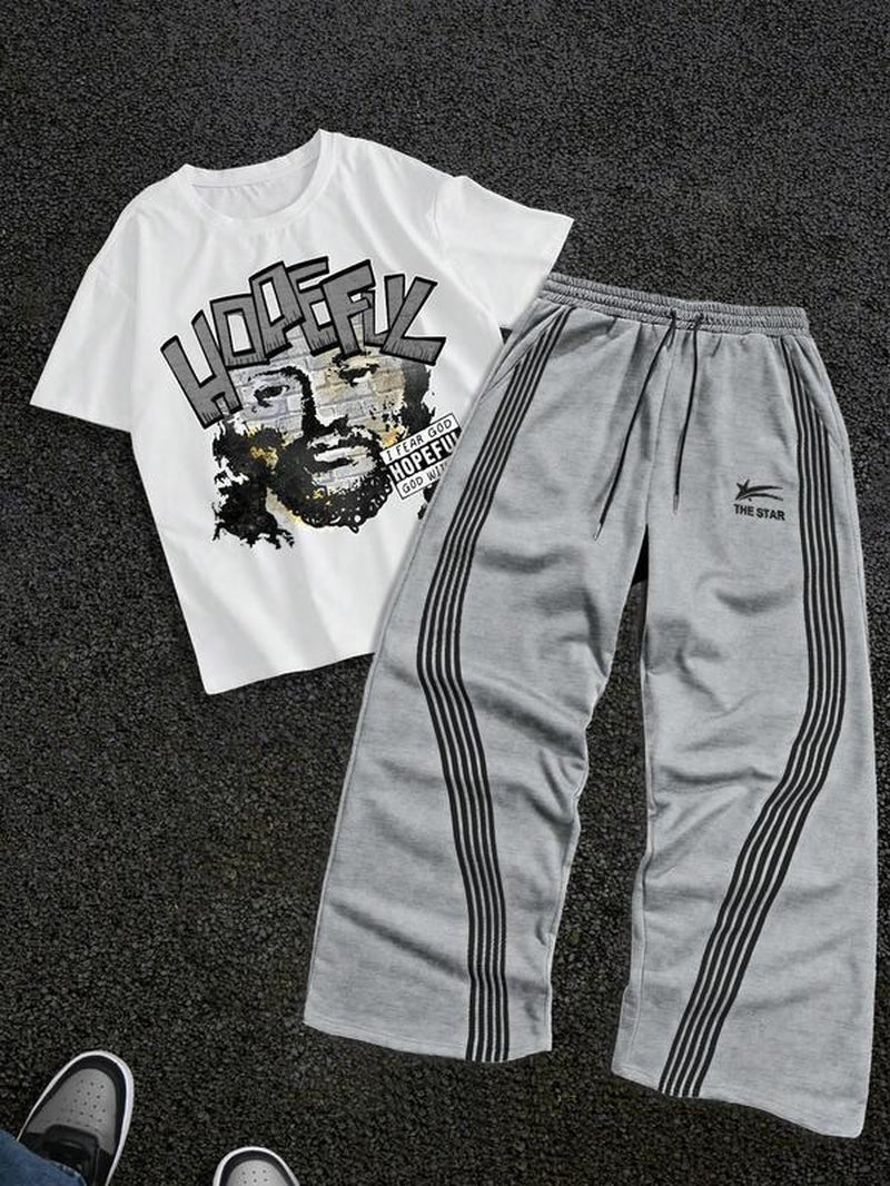 Stylish Men's Graphic Tee & Side Stripe Drawstring Pants Set - Perfect for Casual Spring & Fall Wear