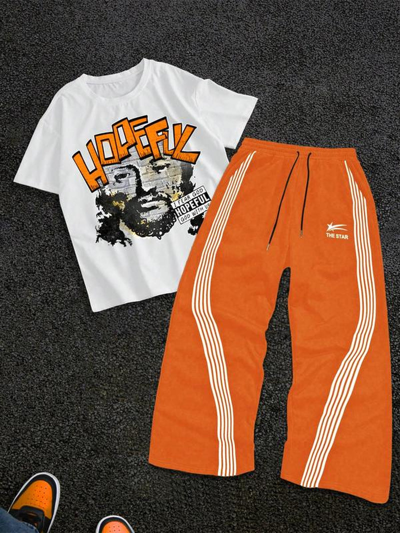 Stylish Men's Graphic Tee & Side Stripe Drawstring Pants Set - Perfect for Casual Spring & Fall Wear