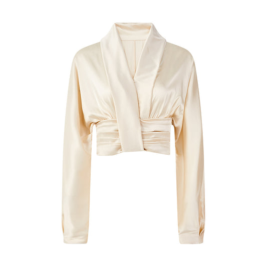 Pleated long sleeved top with a hanging feel V-neck batball sleeves waist cinched loose fit shirt for women