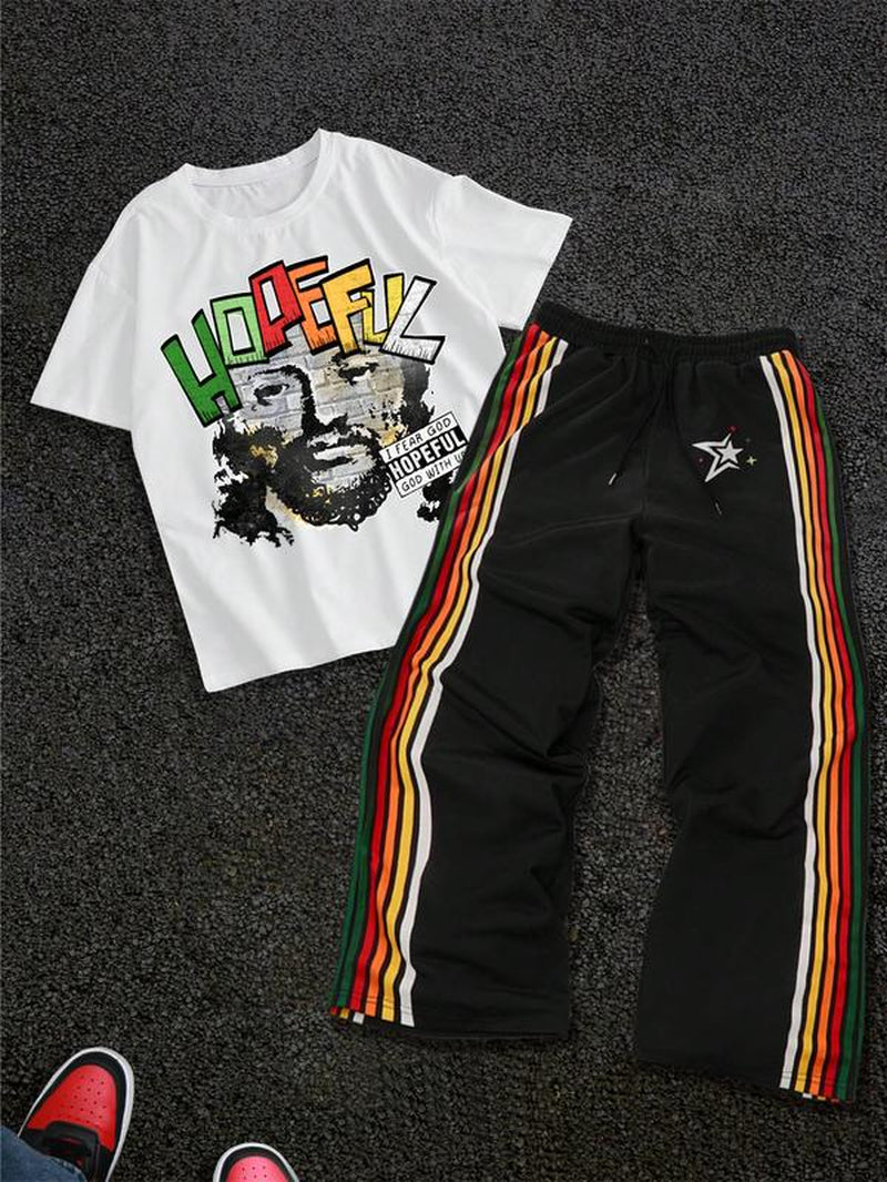 Stylish Men's Graphic Tee & Side Stripe Drawstring Pants Set - Perfect for Casual Spring & Fall Wear
