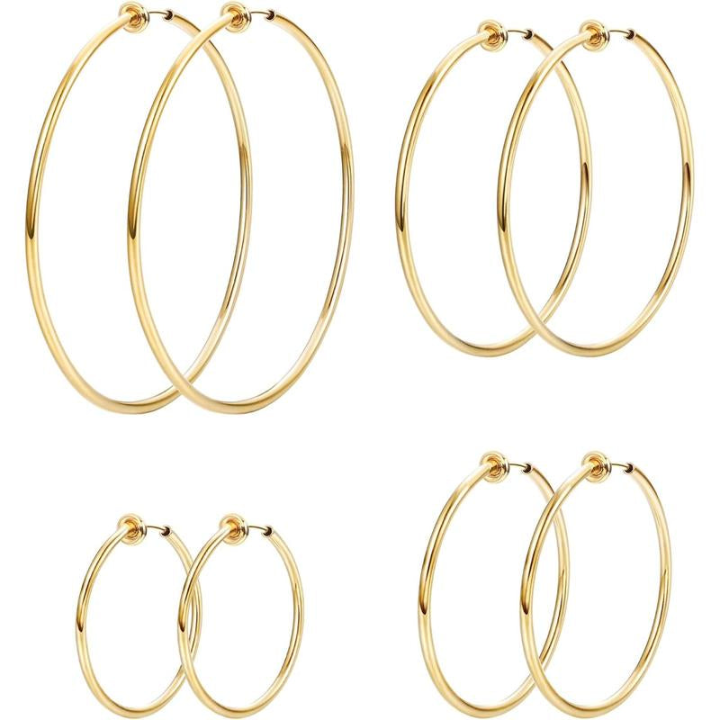 LOYALLOOK 4 Pairs Stainless Steel Clip on Hoop Earrings for Women Fake Hoop Earrings Spring Hoop Earrings for Non-Pierced Ears