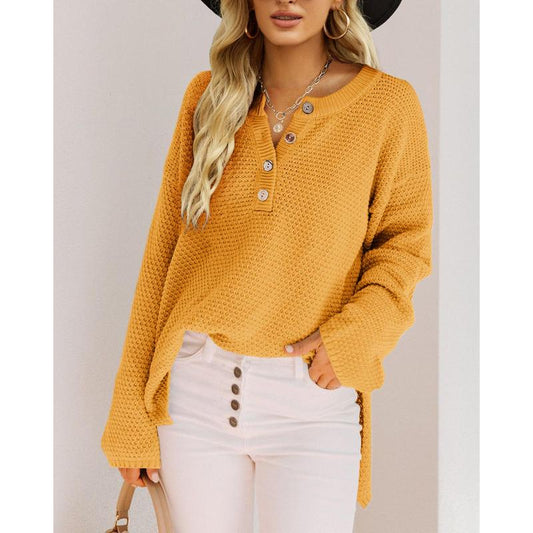 Chic Women's V-Neck Oversized Batwing Sweater - Cozy Button-Up Henley Pullover with Chunky Knit Design
