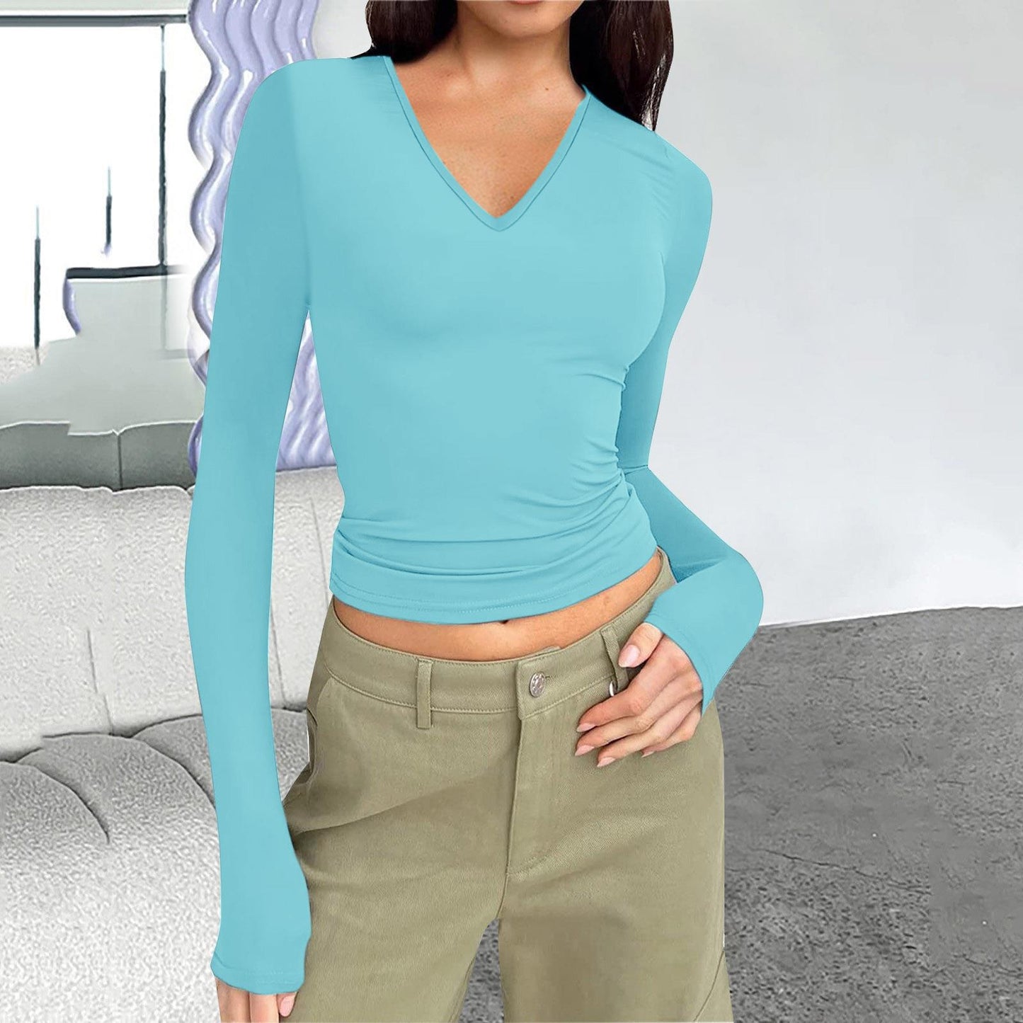 Autumn and winter women's V-neck long-sleeved basic slim fit all-match T-shirt tops for women