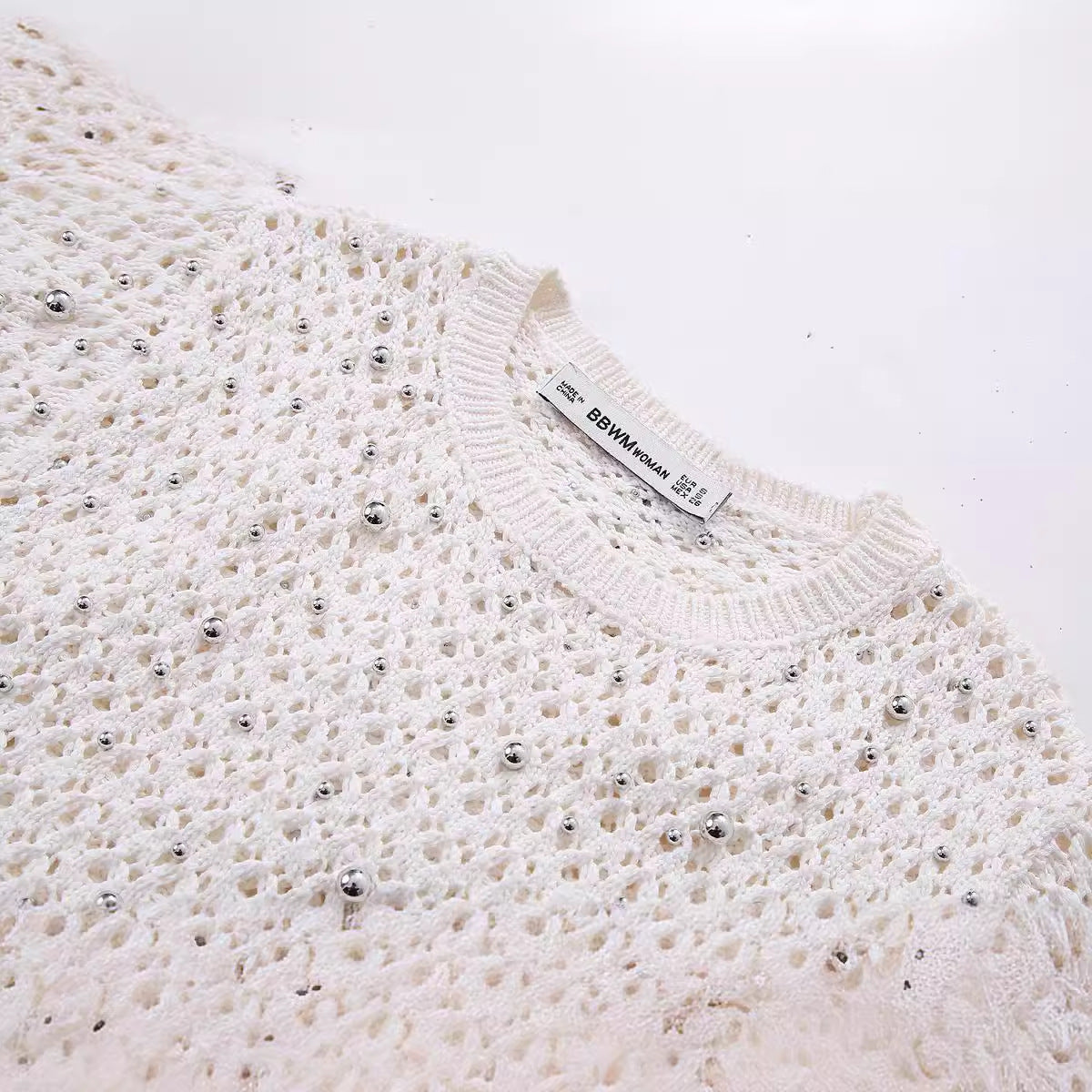 European and American style beaded round neck pullover short sleeved slim knit sweater