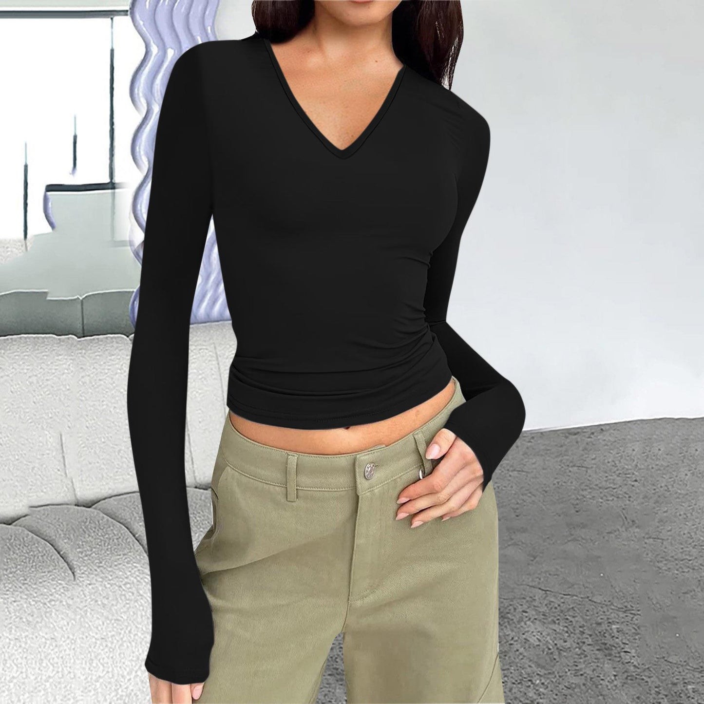 Autumn and winter women's V-neck long-sleeved basic slim fit all-match T-shirt tops for women