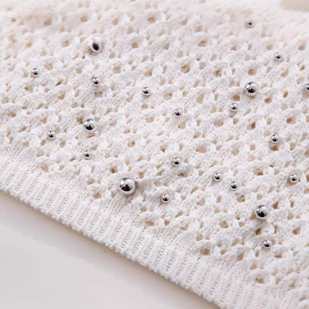 European and American style beaded round neck pullover short sleeved slim knit sweater
