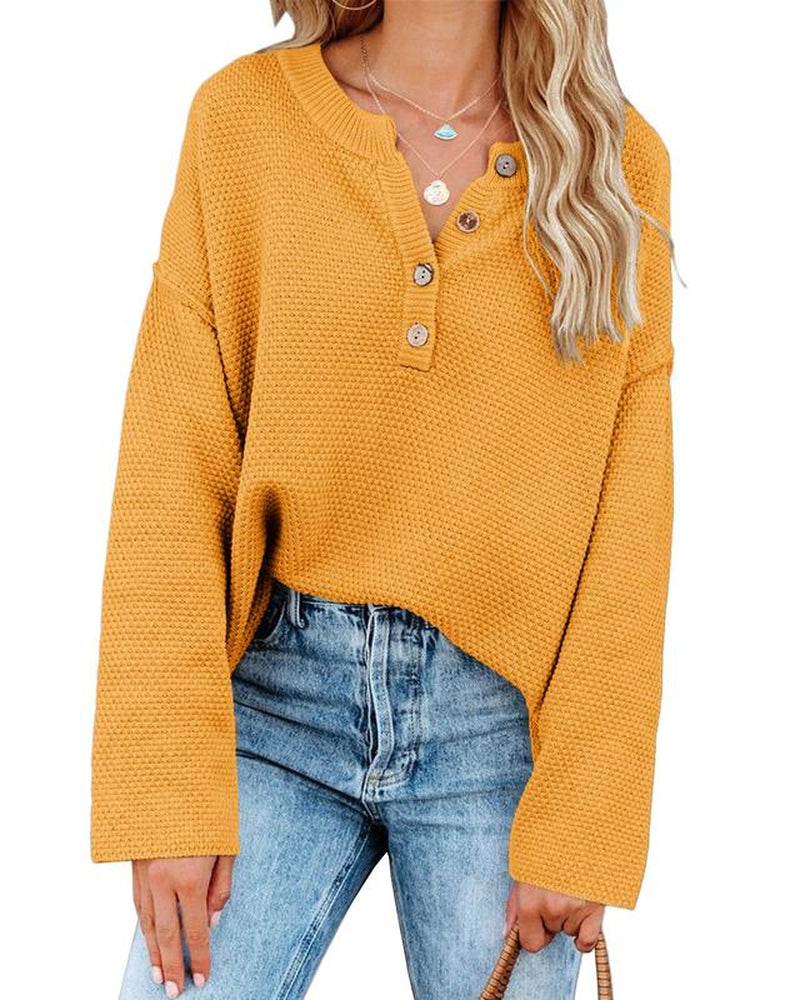 Chic Women's V-Neck Oversized Batwing Sweater - Cozy Button-Up Henley Pullover with Chunky Knit Design