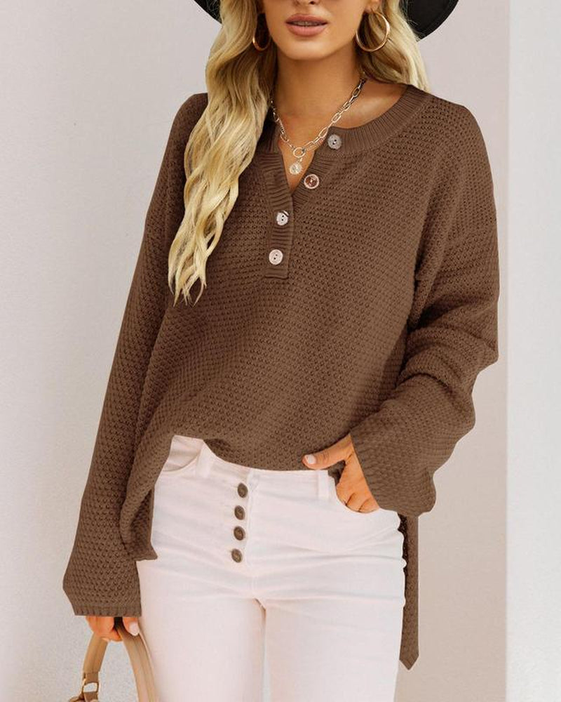 Chic Women's V-Neck Oversized Batwing Sweater - Cozy Button-Up Henley Pullover with Chunky Knit Design