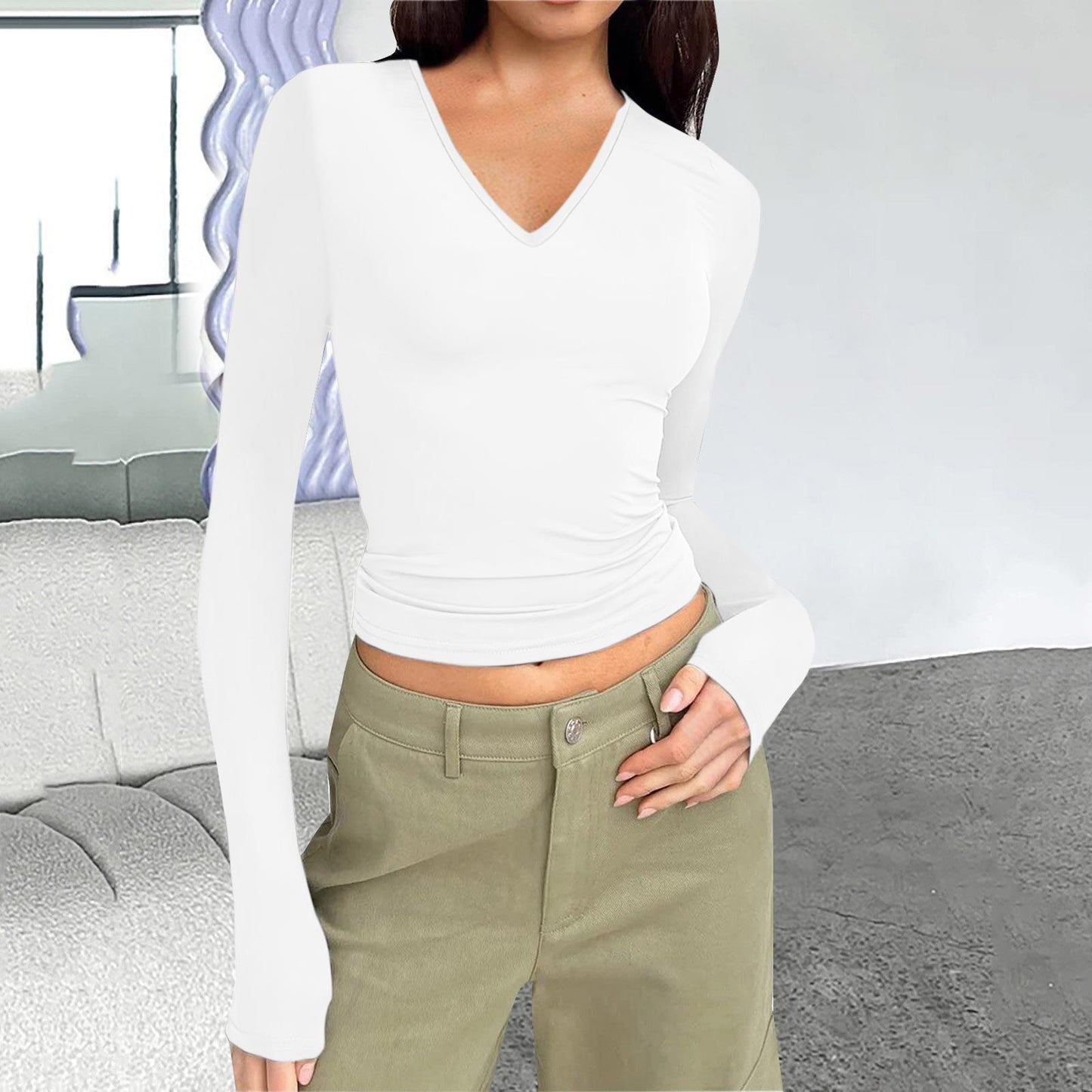 Autumn and winter women's V-neck long-sleeved basic slim fit all-match T-shirt tops for women