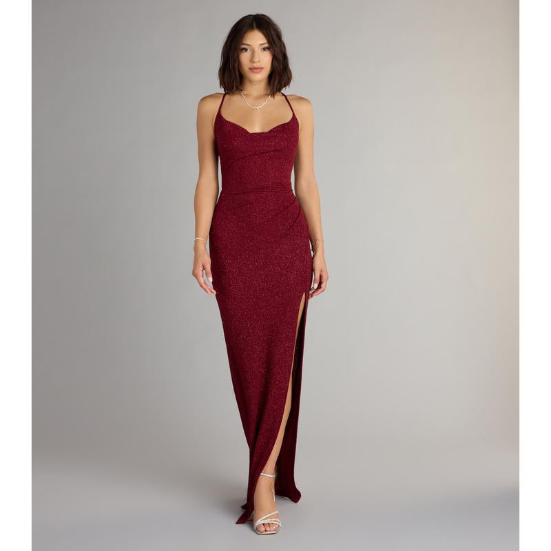 Stunning Amirah Glitter Cowl Neck Column Dress for Elegant Occasions