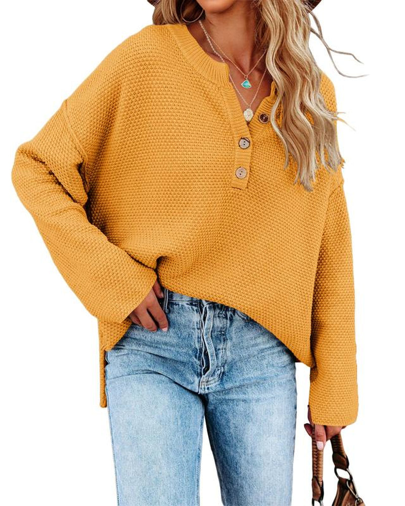Chic Women's V-Neck Oversized Batwing Sweater - Cozy Button-Up Henley Pullover with Chunky Knit Design