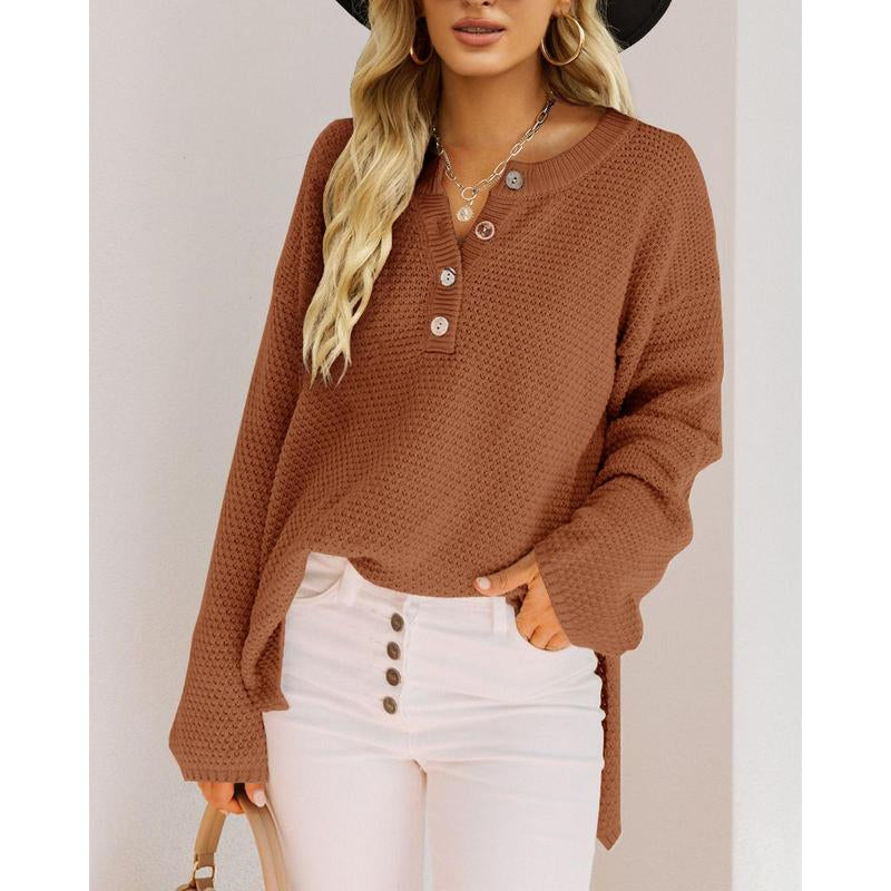 Chic Women's V-Neck Oversized Batwing Sweater - Cozy Button-Up Henley Pullover with Chunky Knit Design