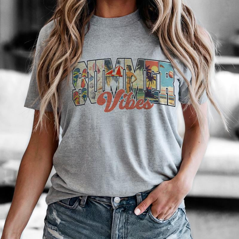 Retro Summer Vibes Graphic Tee Beach Vibes Summer Vintage Tshirt Casual Summer Women'S Shirt Lightweight Ocean Vacation Top