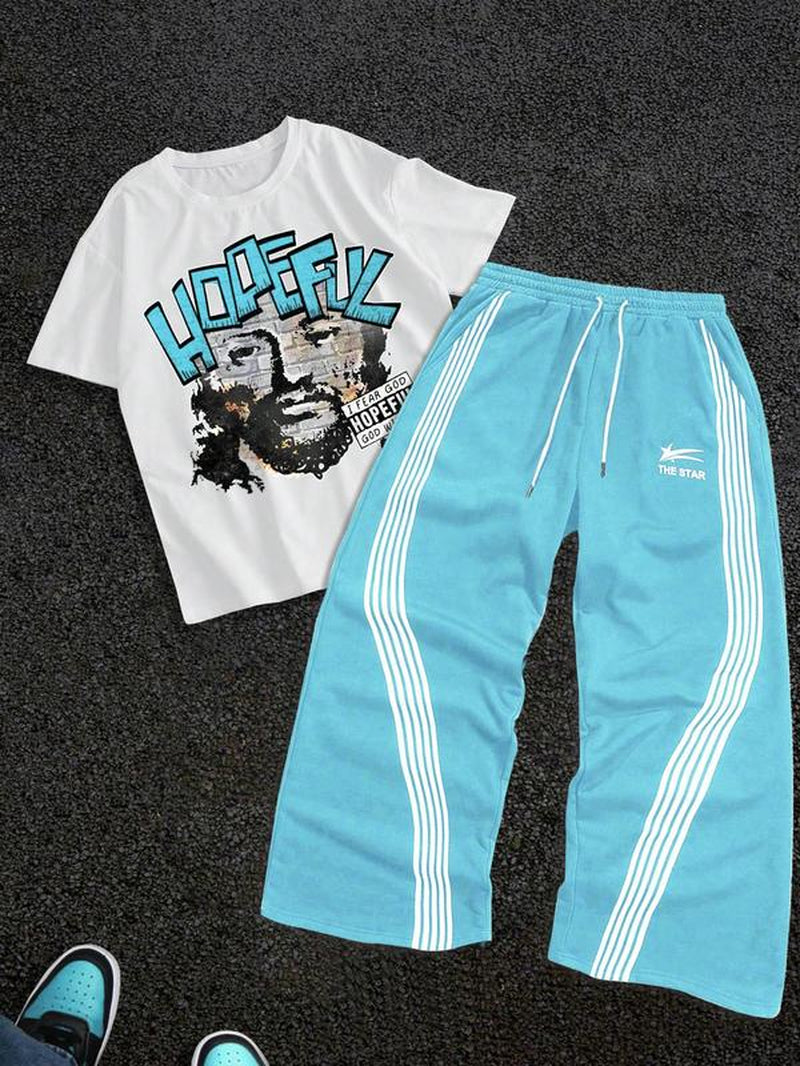 Stylish Men's Graphic Tee & Side Stripe Drawstring Pants Set - Perfect for Casual Spring & Fall Wear