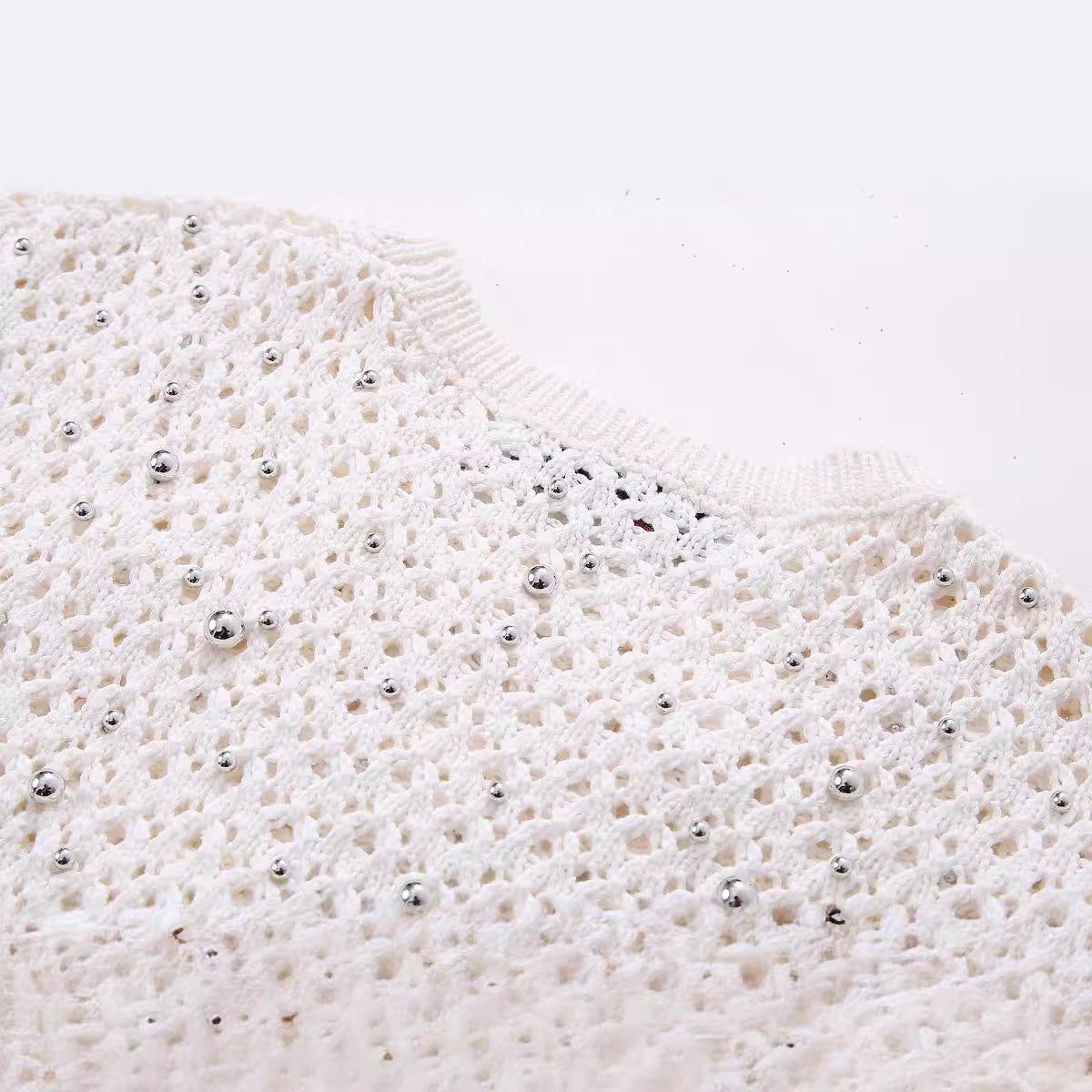 European and American style beaded round neck pullover short sleeved slim knit sweater