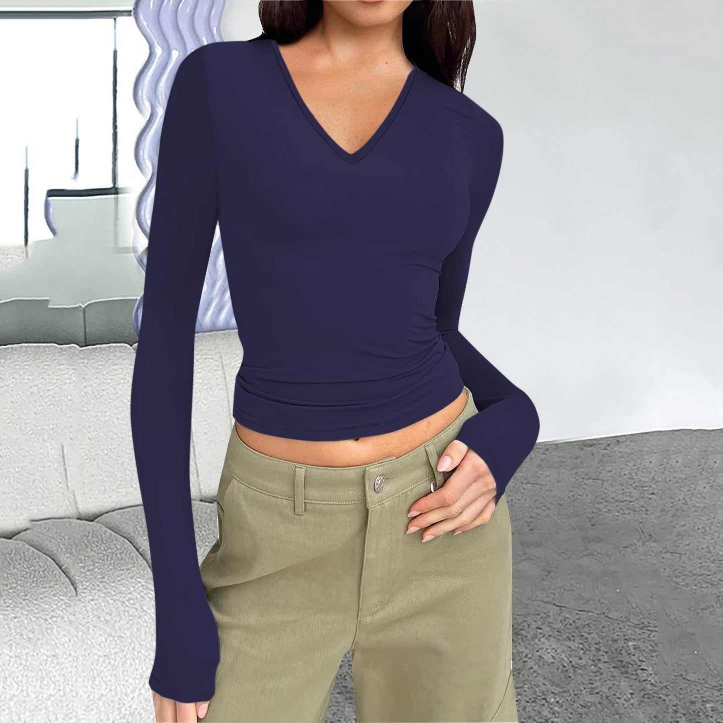 Autumn and winter women's V-neck long-sleeved basic slim fit all-match T-shirt tops for women