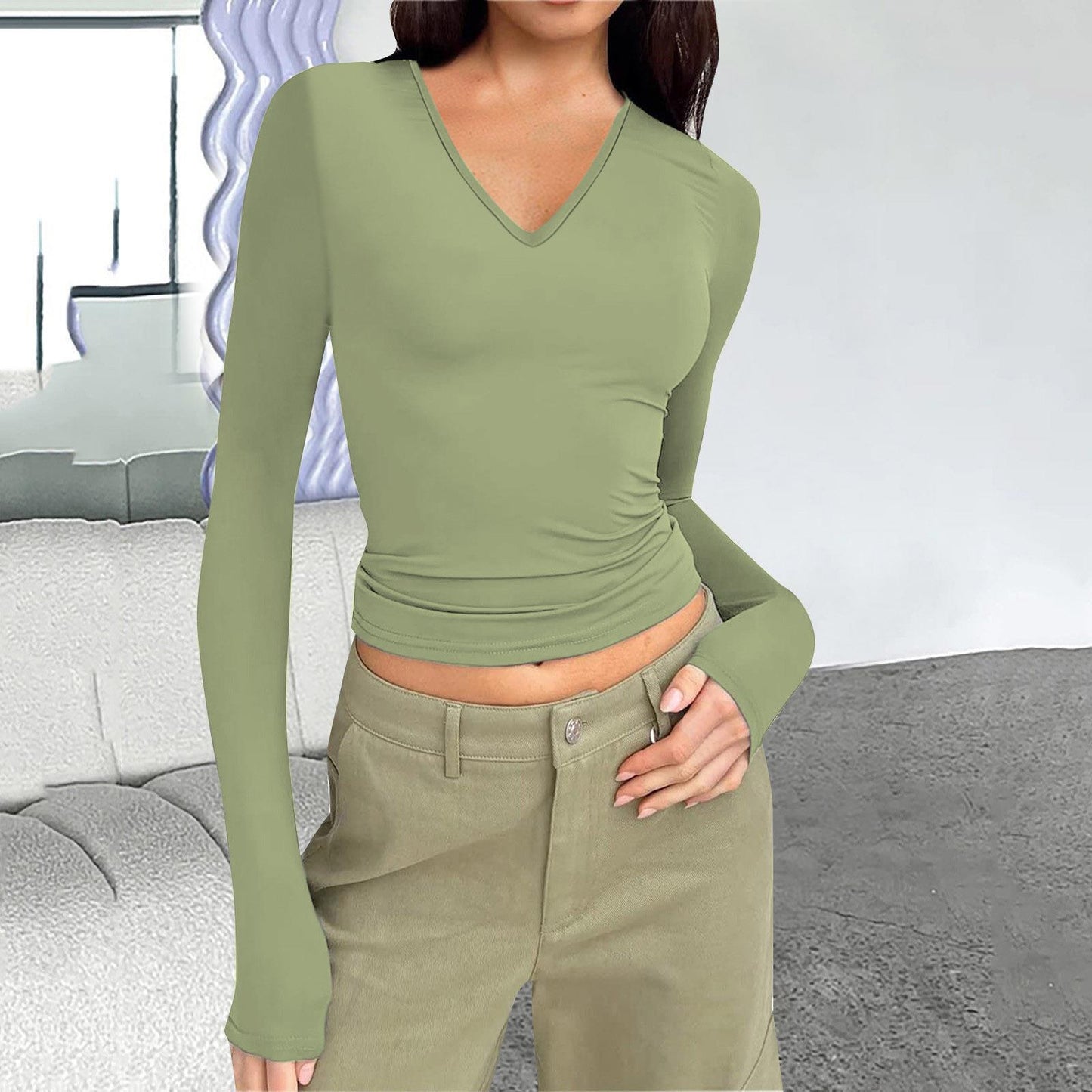 Autumn and winter women's V-neck long-sleeved basic slim fit all-match T-shirt tops for women
