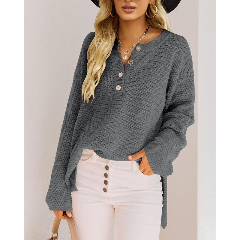 Chic Women's V-Neck Oversized Batwing Sweater - Cozy Button-Up Henley Pullover with Chunky Knit Design