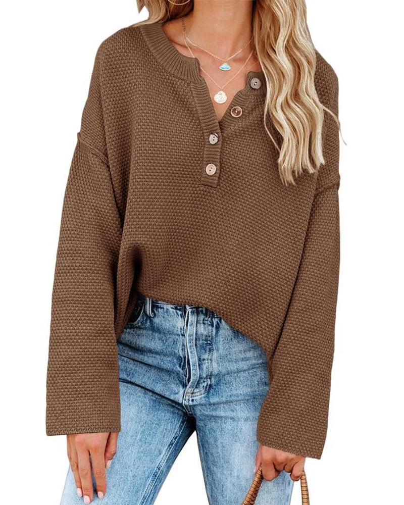Chic Women's V-Neck Oversized Batwing Sweater - Cozy Button-Up Henley Pullover with Chunky Knit Design