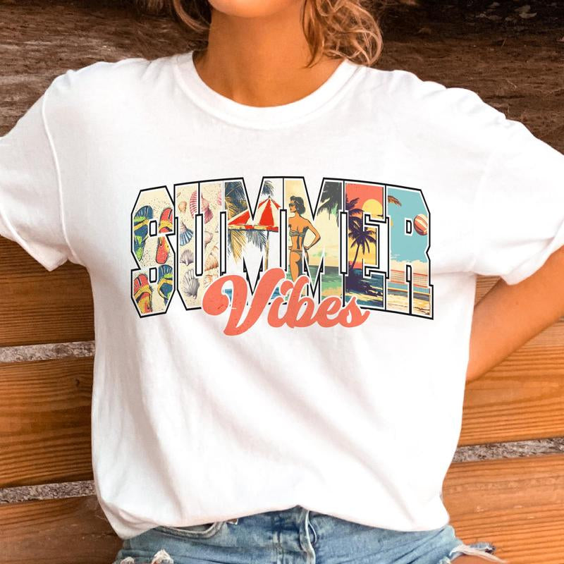 Retro Summer Vibes Graphic Tee Beach Vibes Summer Vintage Tshirt Casual Summer Women'S Shirt Lightweight Ocean Vacation Top