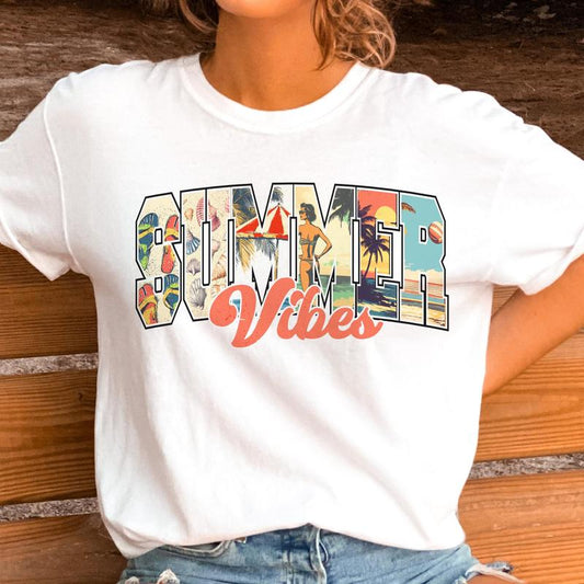 Retro Summer Vibes Graphic Tee Beach Vibes Summer Vintage Tshirt Casual Summer Women'S Shirt Lightweight Ocean Vacation Top