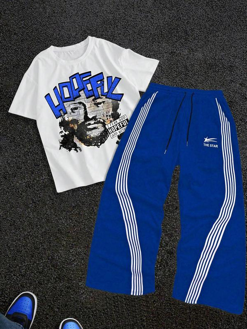 Stylish Men's Graphic Tee & Side Stripe Drawstring Pants Set - Perfect for Casual Spring & Fall Wear