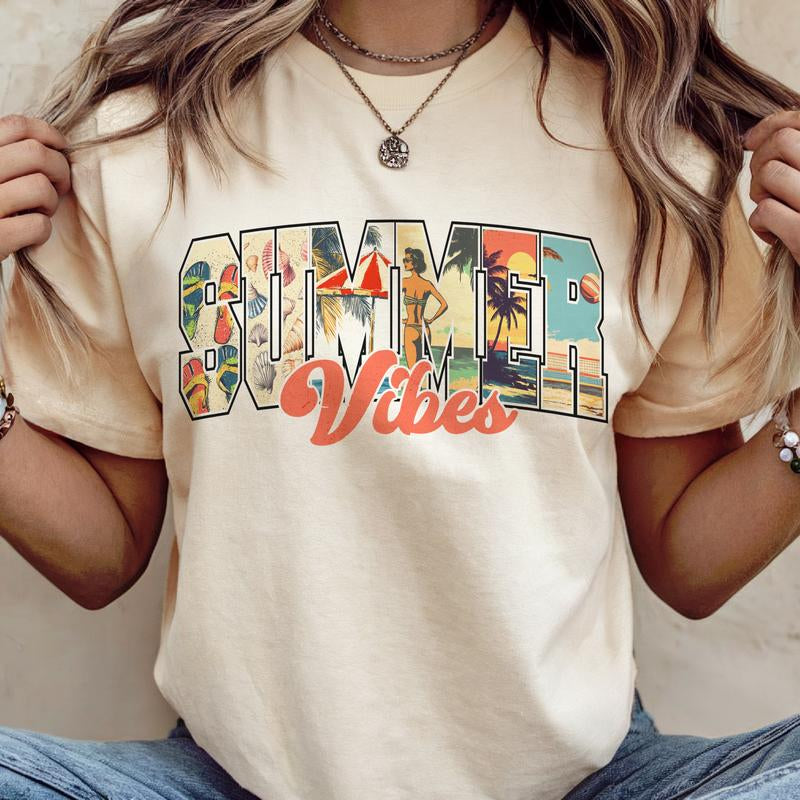 Retro Summer Vibes Graphic Tee Beach Vibes Summer Vintage Tshirt Casual Summer Women'S Shirt Lightweight Ocean Vacation Top