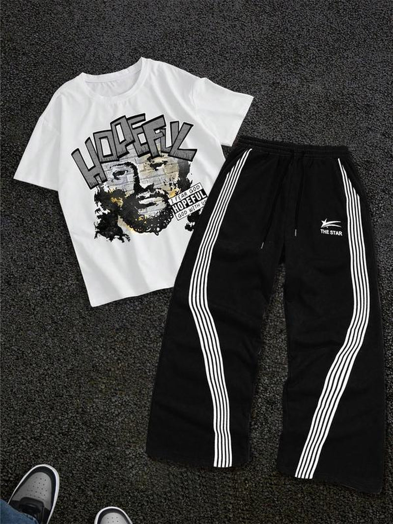 Stylish Men's Graphic Tee & Side Stripe Drawstring Pants Set - Perfect for Casual Spring & Fall Wear