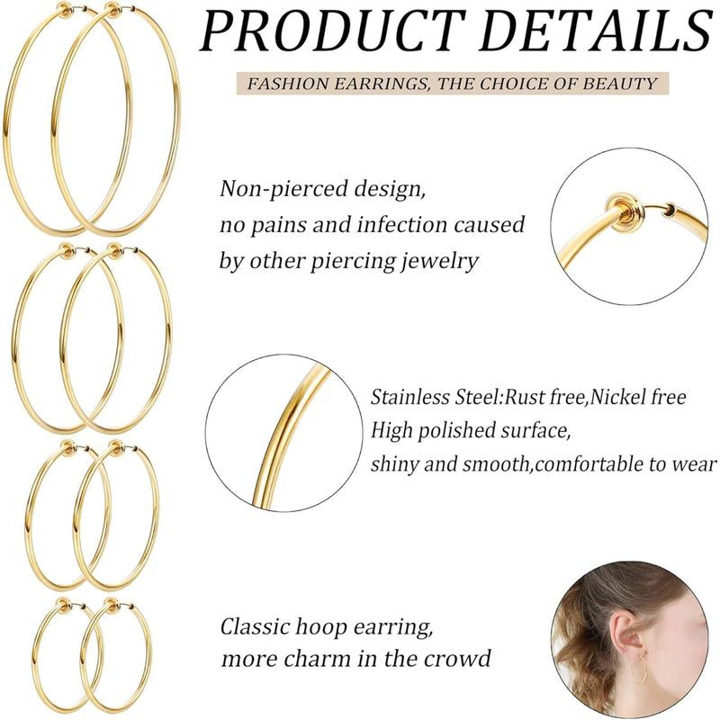 LOYALLOOK 4 Pairs Stainless Steel Clip on Hoop Earrings for Women Fake Hoop Earrings Spring Hoop Earrings for Non-Pierced Ears